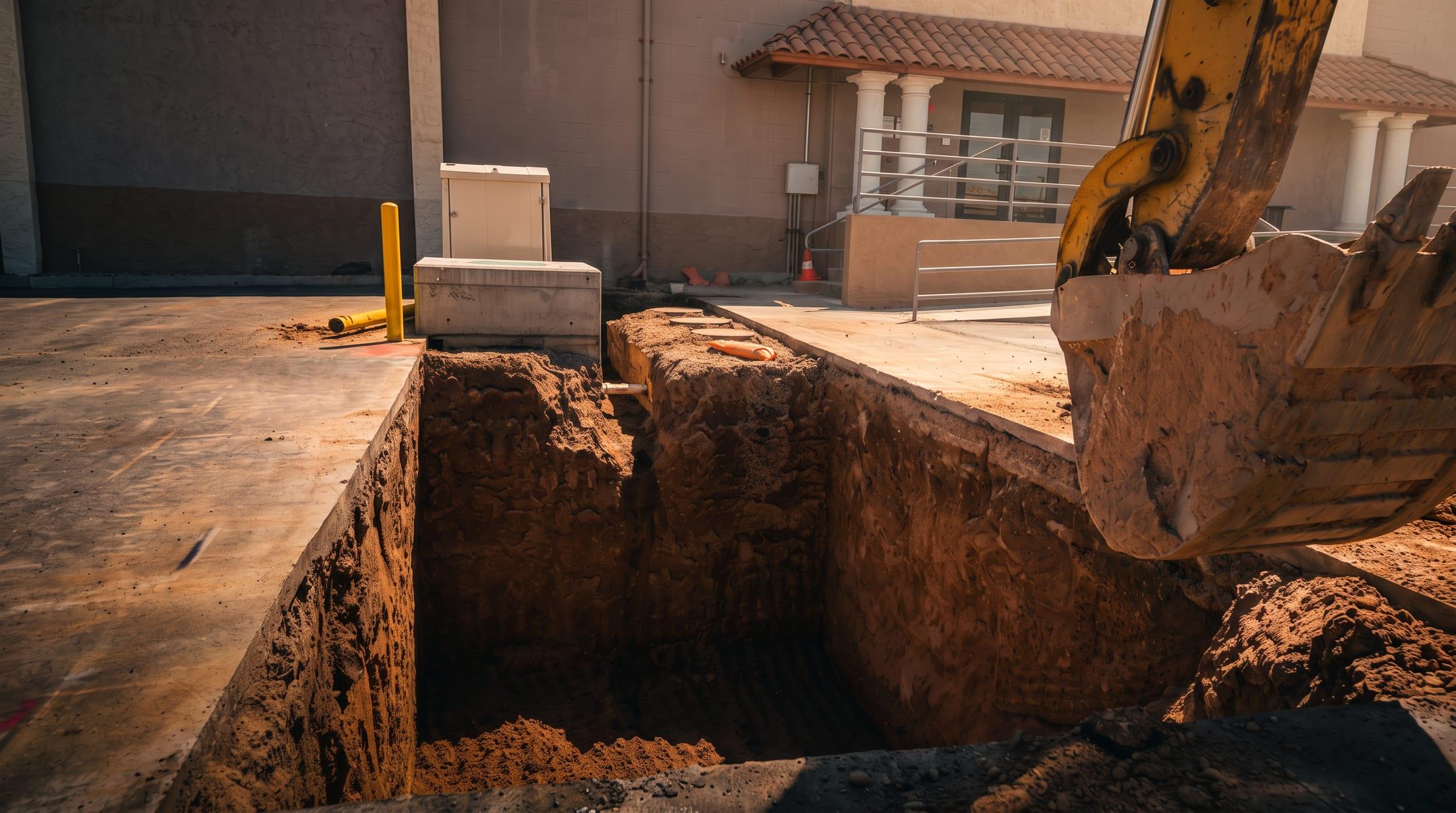 Deep shored excavation at an industrial site in golden hour light