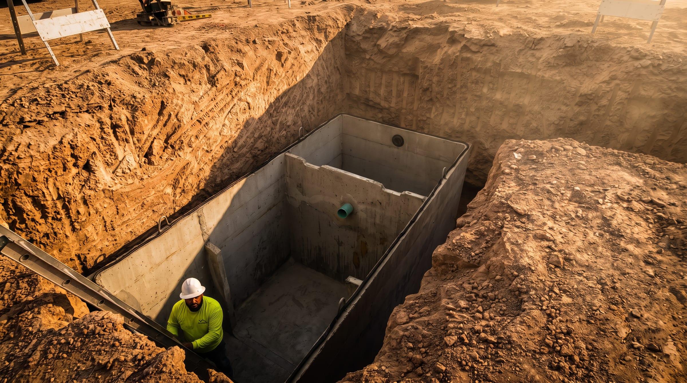 Crew member inspecting a precast vault before backfill