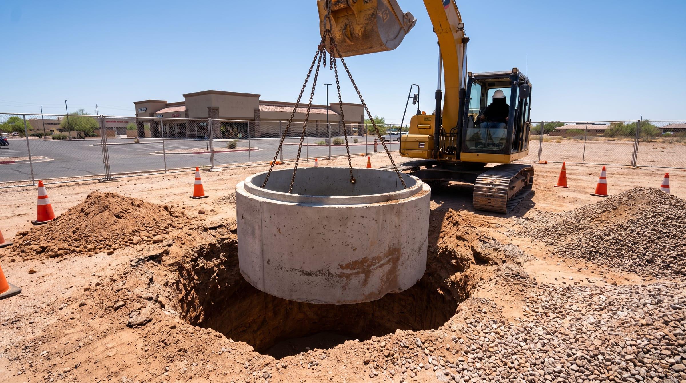 Precast dry well ring being set into an excavation