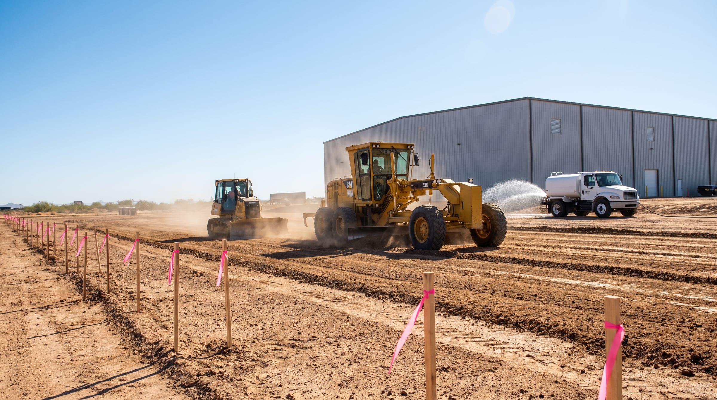 Motor grader leveling dirt at an industrial site