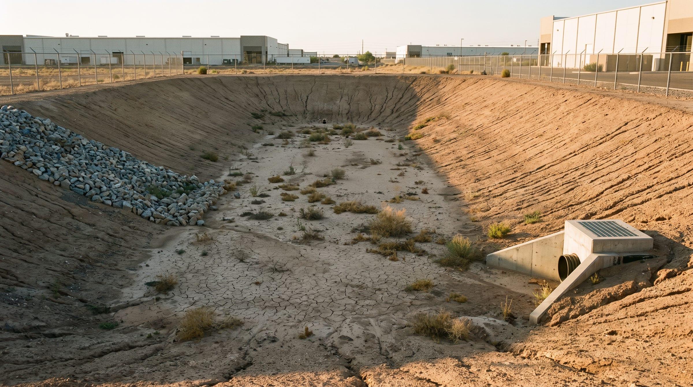 Stormwater retention basin at an industrial site