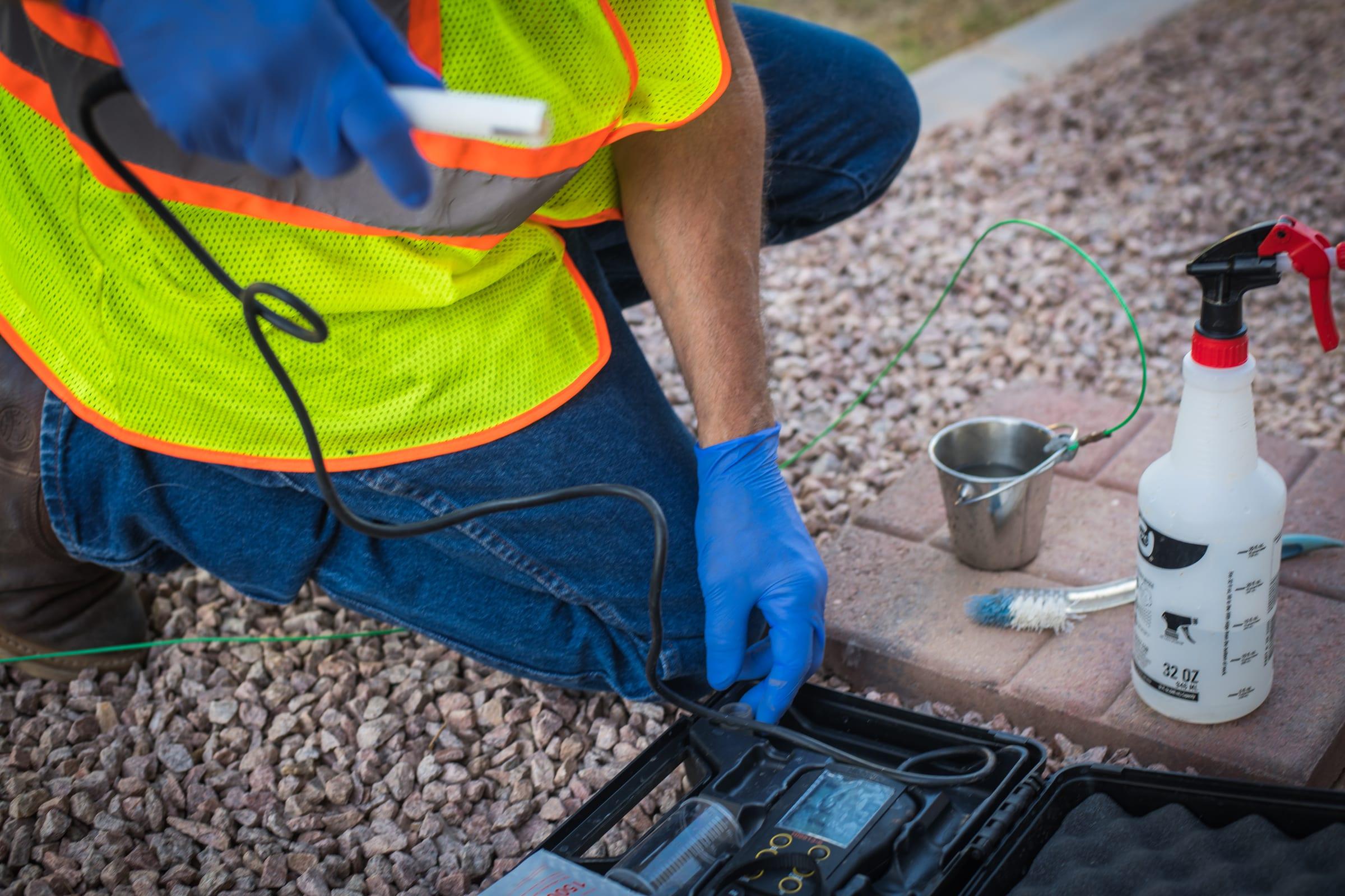 Technician calibrating a water quality meter in the field
